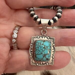 ❤️ #8 Turquoise Navajo Style Hand Stamped Unisex Pendant Matte Sterling Silver